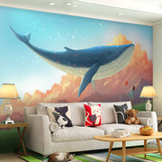 男孩卧室背景墙纸卡通儿童，房壁纸梦幻，星空蓝色海洋鲸主题壁画墙布