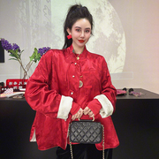 中国风时尚红色棉服女士，休闲中式长袖，立领双面服外套印花棉袄