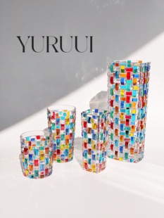 YURUUI设计师意大利进口ZECCHIN全手绘彩色方格手工水晶玻璃杯