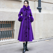 高贵紫色复古立领羊绒，大衣女中长款气质修身过膝毛呢外套狐狸毛领
