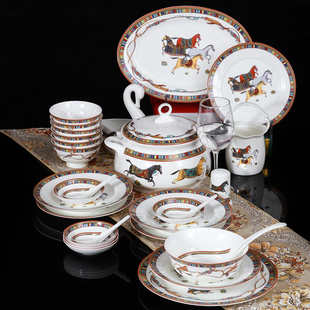 骨瓷碗盘餐具套装景德镇餐具，56头碟碗套装，欧式釉中彩陶瓷碗盘碟