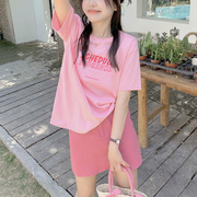 粉色字母t恤少女甜酷短袖韩系chic别致上衣2023夏季纯棉半袖