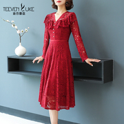 红色复古女士连衣裙优雅温柔蕾丝，裙子修身显瘦中长款2021秋季