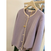 小香风圆领紫色花边针织，开衫上衣女，2024春季羊绒毛衣外套