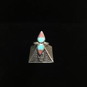 1960szuni美国印第安部落天然绿松石珊瑚纯银，古董孤品戒指女16码