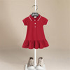 女童红色短袖连衣裙夏装，儿童纯色polo裙，宝宝公主裙小女孩裙子童装