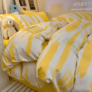 ins黄色条纹床上全棉纯棉文艺1.5m米被套床单式三件套斜纹四件套