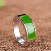 男士玉戒指指环s925银镶菠菜绿玉戒指碧玉，男戒和田玉戒指指环