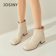 卓诗尼白色短靴女2022年秋冬靴子后拉链方头及踝靴粗跟女靴子
