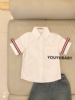 儿童男孩欧美英伦风格红白，蓝织带白色纯棉，短袖衬衫夏季2023