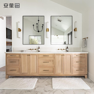 日式落地浴室柜组合简美岩板洗漱台卫生间实木洗手脸池面双盆定制