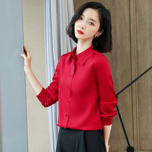 本命年红色重磅真丝绸衬衫，女长袖2024春装，杭州桑蚕丝上衣衬衣