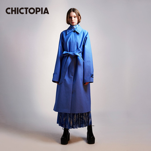 CHICTOPIA刘清扬原创设计秋冬蓝色翻领系带收腰长风衣外套大衣女