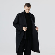 冬季中长款双面羊绒大衣男士宽松设计师款黑色，高级羊毛风衣外套男