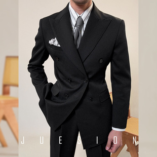 juesion意式双排扣西服套装，男士戗驳领黑色，商务婚礼宴会西装外套