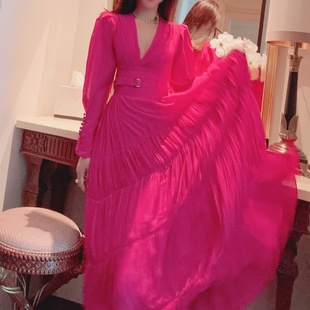 春天圆舞曲 玫红色法式气质名媛高品质质感优雅连衣裙