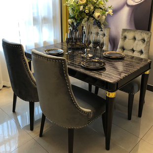 美式轻奢后现代大理石餐桌，实木餐桌椅组合长方形，黑色烤漆欧式饭桌