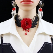 韩版假领子项链女百搭黑色蕾丝衬衫领红色花朵装饰围脖假立领