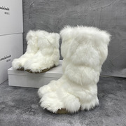 冬季狐狸毛毛靴子女纯白时尚平底加厚保暖皮毛一体长筒雪地靴
