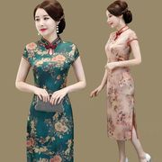 夏季短袖香云纱旗袍长款中年女装连衣裙中国风复古改良立领旗袍