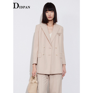 IDPAN品牌高级感简约双排扣米色中长西装外套