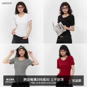 airhood基础款白色v领短袖t恤女2024夏修身(夏修身)显瘦百搭正肩短款上衣