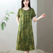 绿色连衣裙2024夏季高级感妈妈高档宽松显瘦印花气质时尚裙子
