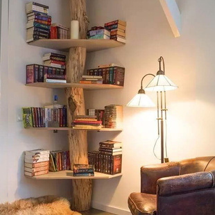 创意树形书架实木墙角置物架木桩架客厅转角满墙小书架落地多层架