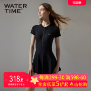 watertime小黑裙游泳衣女连体短袖遮肚显瘦连衣裙，泡温泉高级感