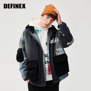 DEFINEX潮牌定位满印麂皮拼接仿羊羔毛带帽保暖棉夹克