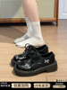 厚底松糕黑色蝴蝶结小皮鞋，女2024年复古学院，小众系带韩版单鞋