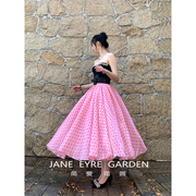 简爱花园复古风粉色，欧根纱水珠点蓬蓬，伞裙法式甜美半身裙ja111