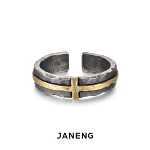 janeng追岸925纯银镶黄铜，破坏十字开口戒指复古做旧可调节指环