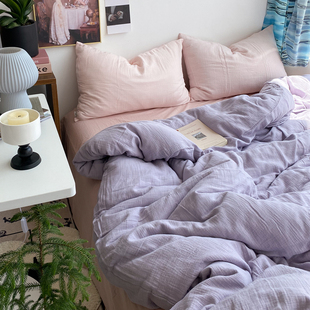 紫色芋泥波波 全棉双层皱皱纱四件套超软裸睡纯棉被套床单ins床上
