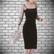 黑色网纱金丝绒拼接性感镂空连衣裙修身显瘦通勤气质包臀演出礼服