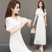 露肩白色连衣裙晚礼服平时可穿长款气质性感夏季雪纺裙子沙滩长裙