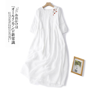 夏季文艺优雅气质套头白色苎麻连衣裙五分灯笼袖飘逸大摆长裙