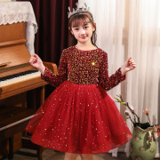 秋冬款女童衣袖长袖星空，浪漫蓬蓬裙摆范演出(范演出)红色加绒连衣裙m9913
