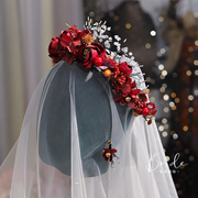 优颖红色花朵新娘头饰花环，水晶串珠双层发箍敬酒服礼服配饰品