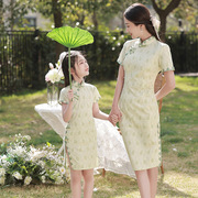 亲子装母子2023夏季改良旗袍，母女夏装洋气，复合蕾丝旗袍连衣裙