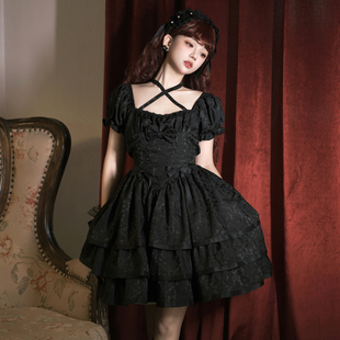 荆棘蔷薇洛丽塔洋装连衣裙，原创短袖op三段式暗黑，哥特纯色lo裙