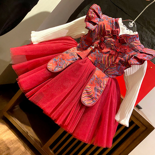 女童背心裙套装秋冬红色新年连衣裙宝宝蓬蓬两件套唐装儿童公主裙
