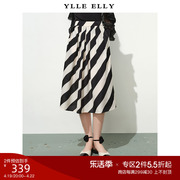 YLLE ELLY黑白斜条纹半身裙2024春夏法式赫本风大摆雪纺伞裙