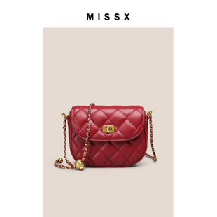 MISSX包包女2022小香风菱格链条包时尚转运珠斜挎包红色小包