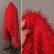 大红色亮丝羽毛长流苏针织毛呢，面料银丝亮闪闪弹力毛绒创意布料