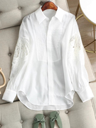 白色长袖衬衫女2024春季时尚减龄刺绣镂空上衣复古灯笼袖衬衣