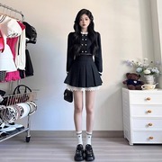 黑色小香风套装女2023秋冬法式小个子长袖短外套+短裙两件套