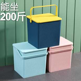 方形桶塑料桶玩具收纳桶水桶，凳可坐洗浴篮，手提洗澡储物桶带盖洗漱