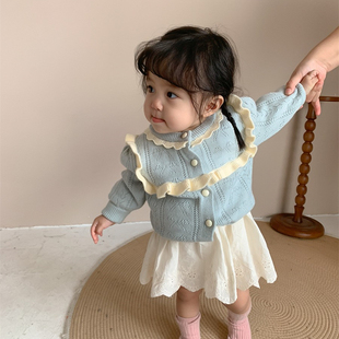 韩版婴儿毛衣套装秋季女童针织毛线女宝宝甜美蓝色一周岁开衫外套