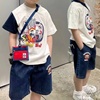23夏季日系潮牌男童短袖，t恤纯棉拼色袖，卡通儿童半袖上衣宽松套装